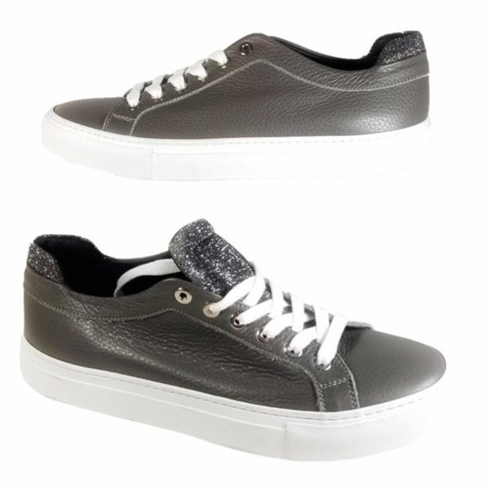 M. Gemi Palestra Gray Leather Platform Lace Up Glitter Details Sneakers 40.5